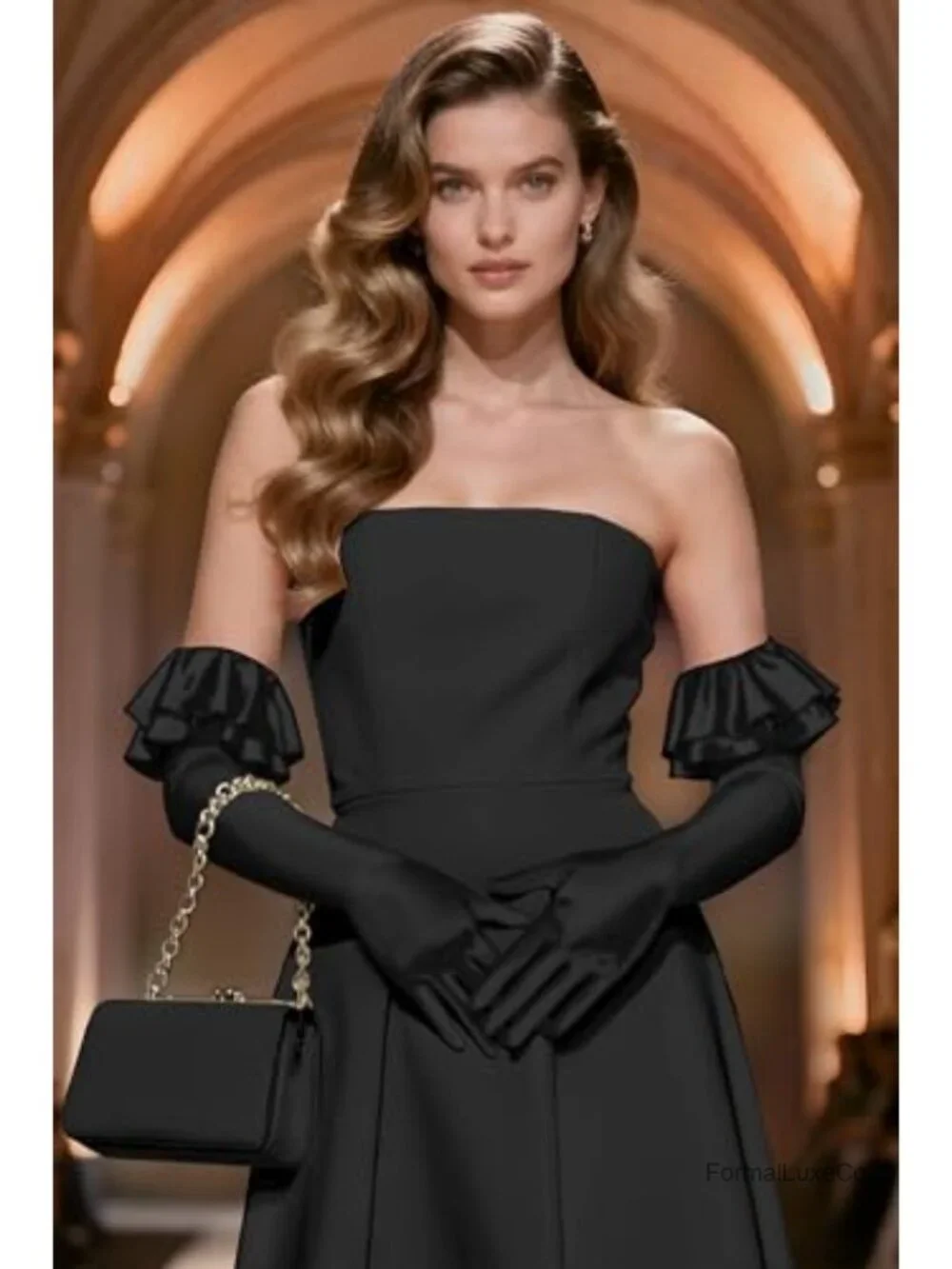 Long Satin Opera Gloves for Women with Ruffled Cuffs - Evening Party Wear